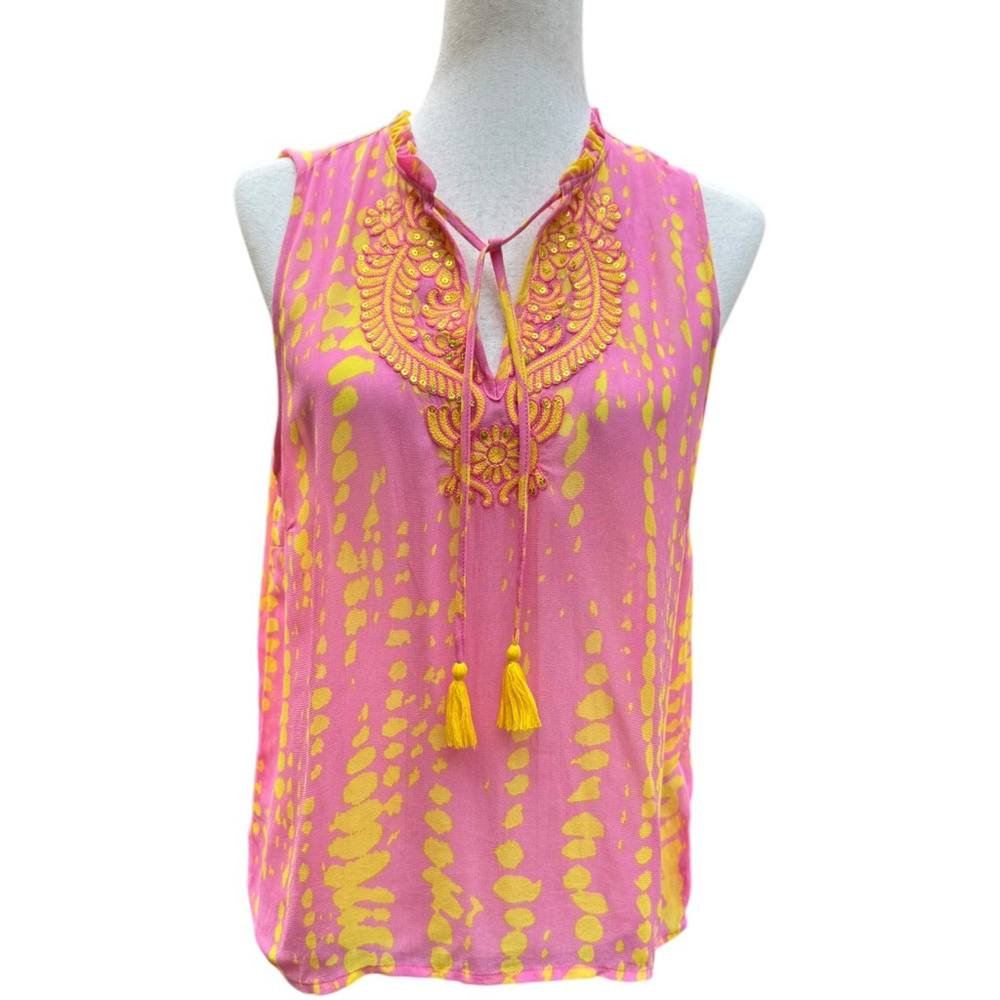 Vibrant Esqualo Boho Embroidered Tassel Top Shirt Yellow Sleeveless Festival 4 - Picture 3 of 10